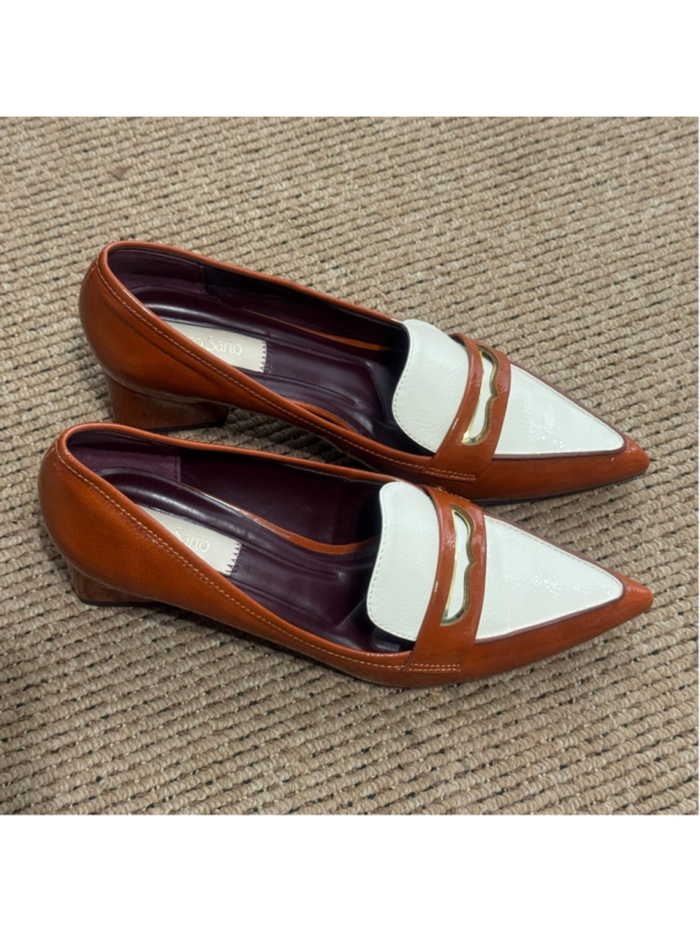 Franco Sarto RemiTwo Tone Pointed Toe Loafers Brown Cream Patent Low Heel Size 8 - Picture 6 of 10